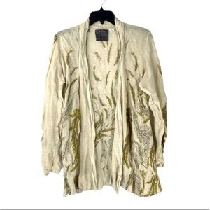 Anthropologie thin knit ecru gold metallic feather print open cardigan sweater M
